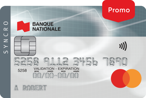 Image d’une carte de crédit Mastercard Syncro avec une étiquette de promo 