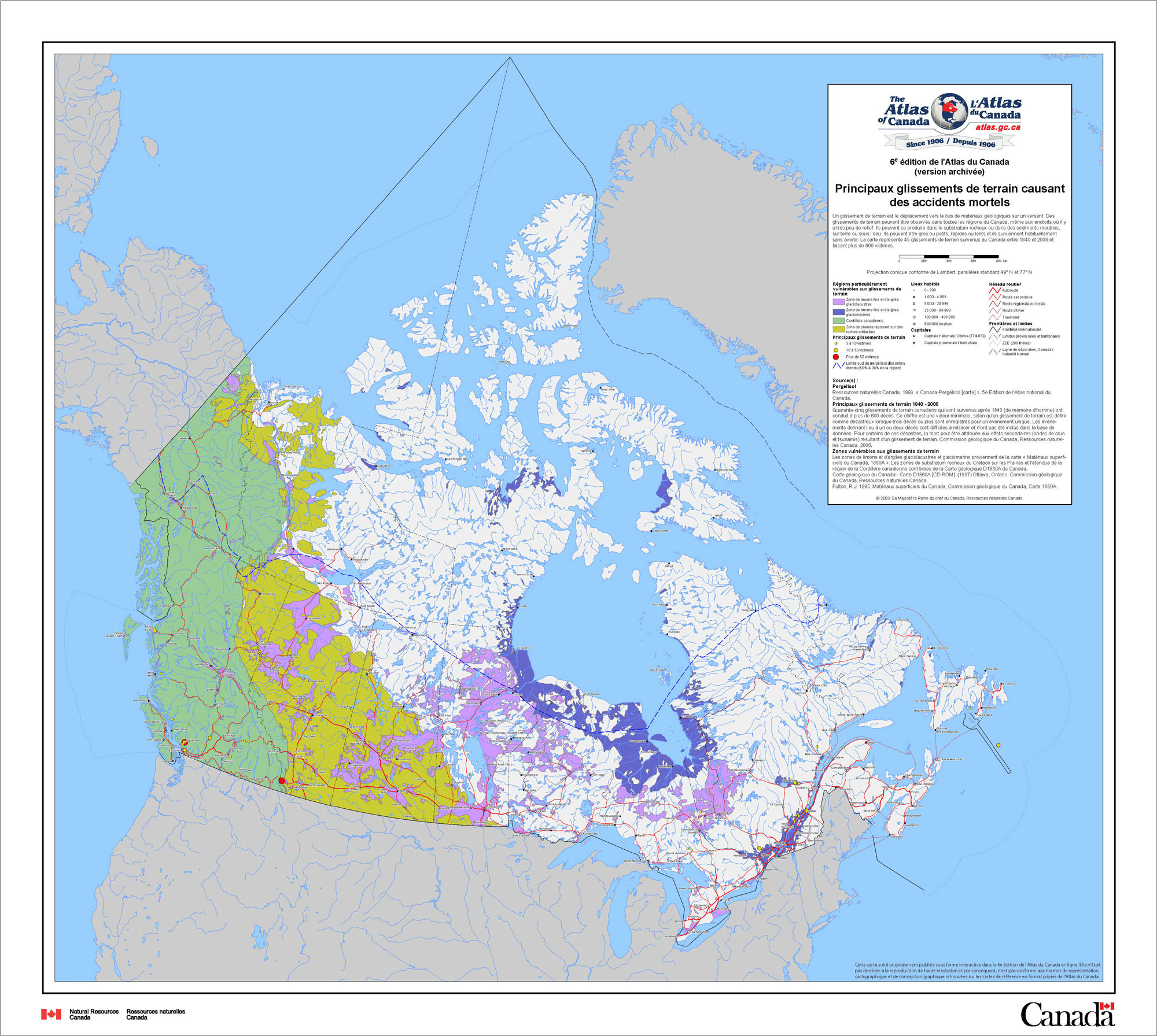 Carte géologique du Canada représentant 45 glissements de terrain survenus entre 1840 et 2006