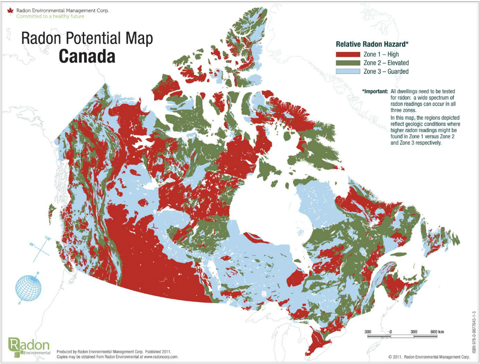 Carte géologique du Canada représentant les zones touchées par le radon