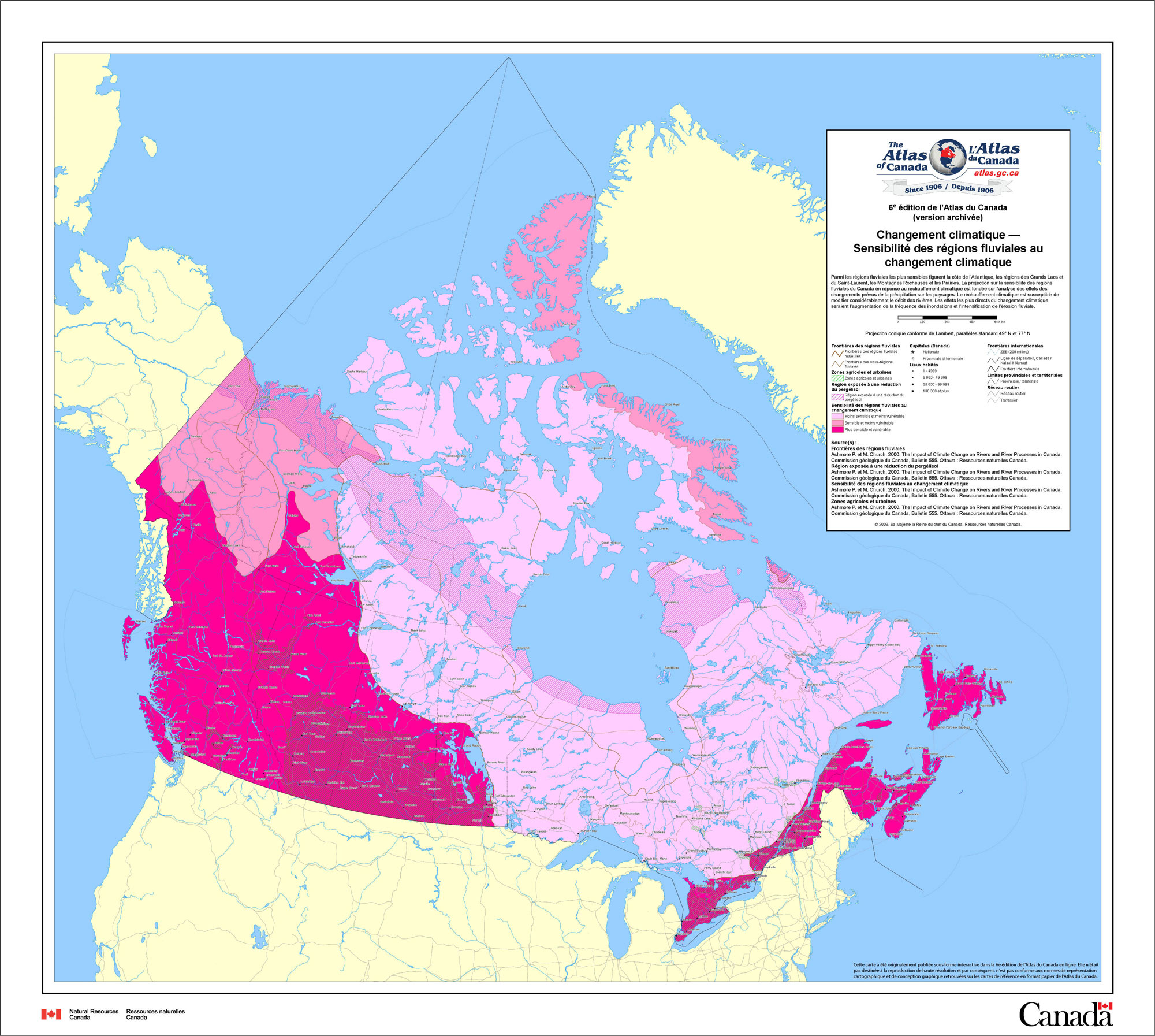Carte géologique du Canada représentant l'impact des changements climatiques sur les régions fluviales