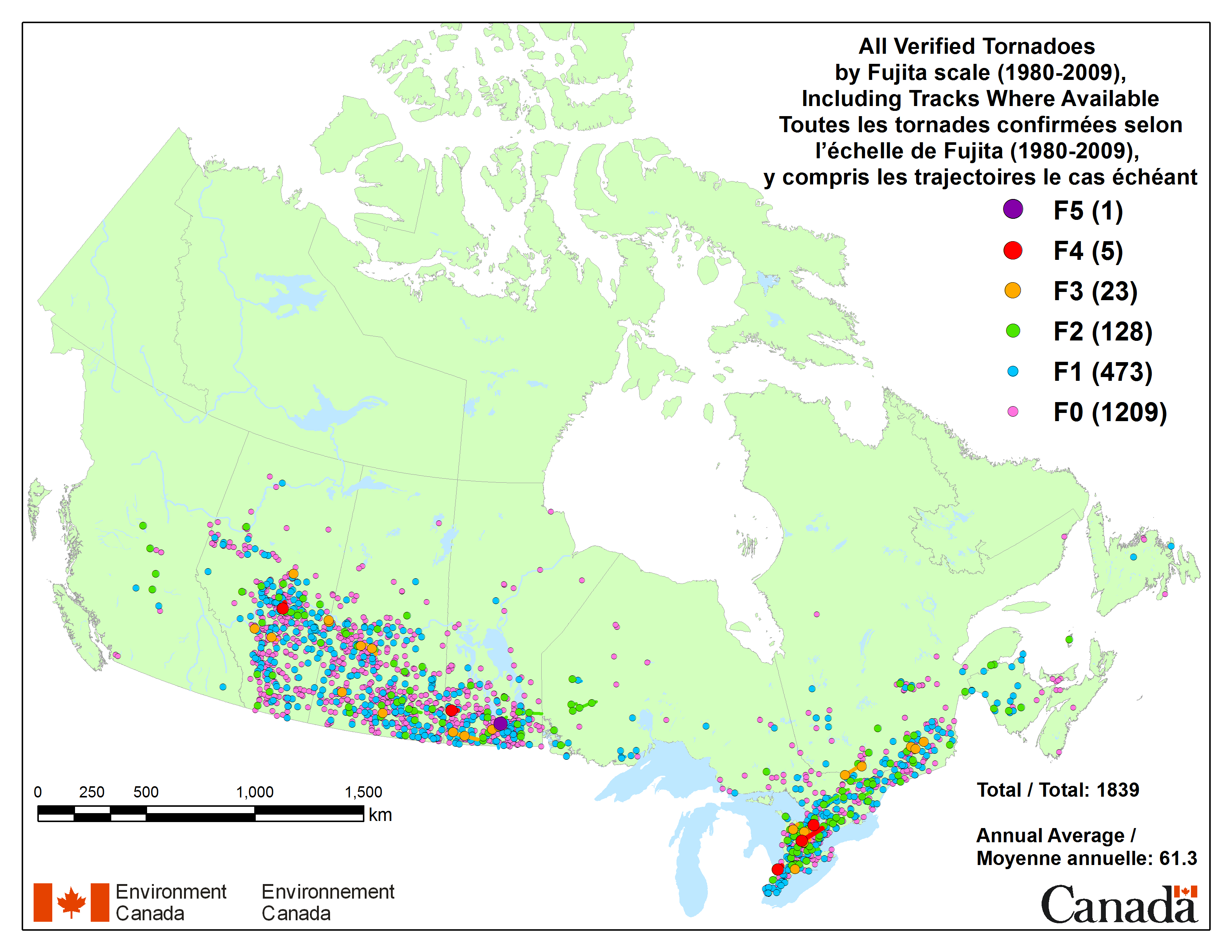 Carte géologique du Canada représentant les zones de tornades