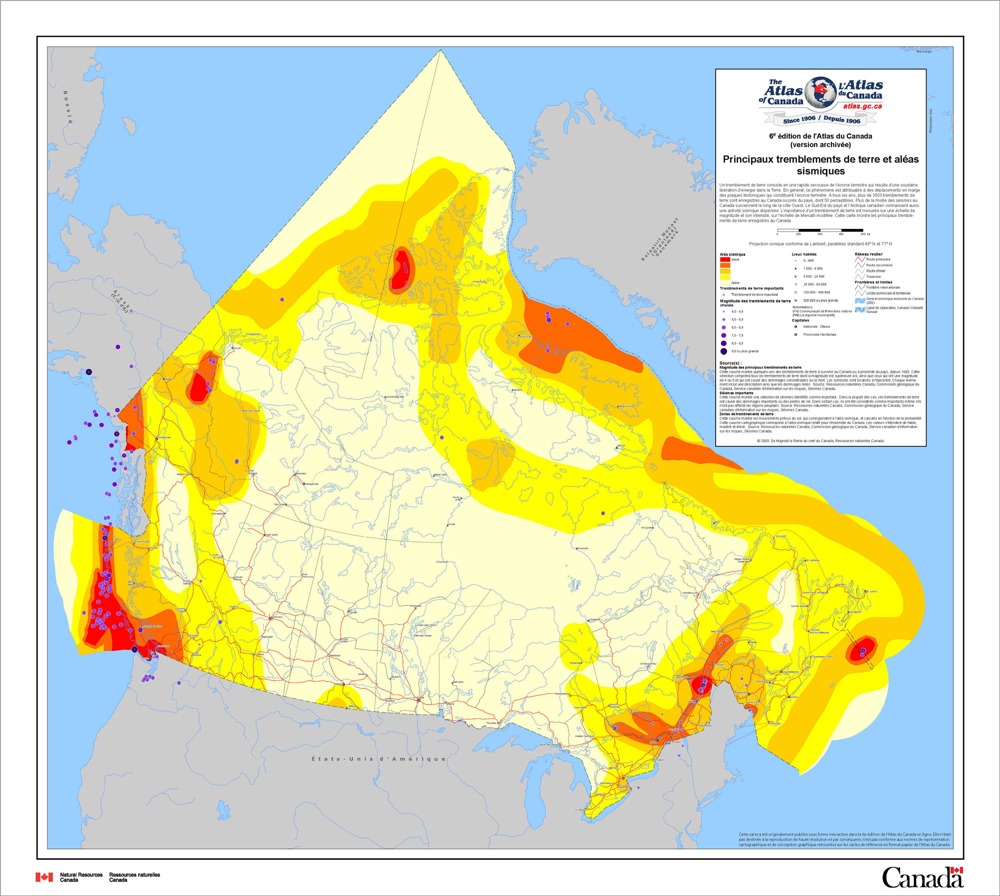 Carte géologique du Canada représentant les zones d'activité sismique