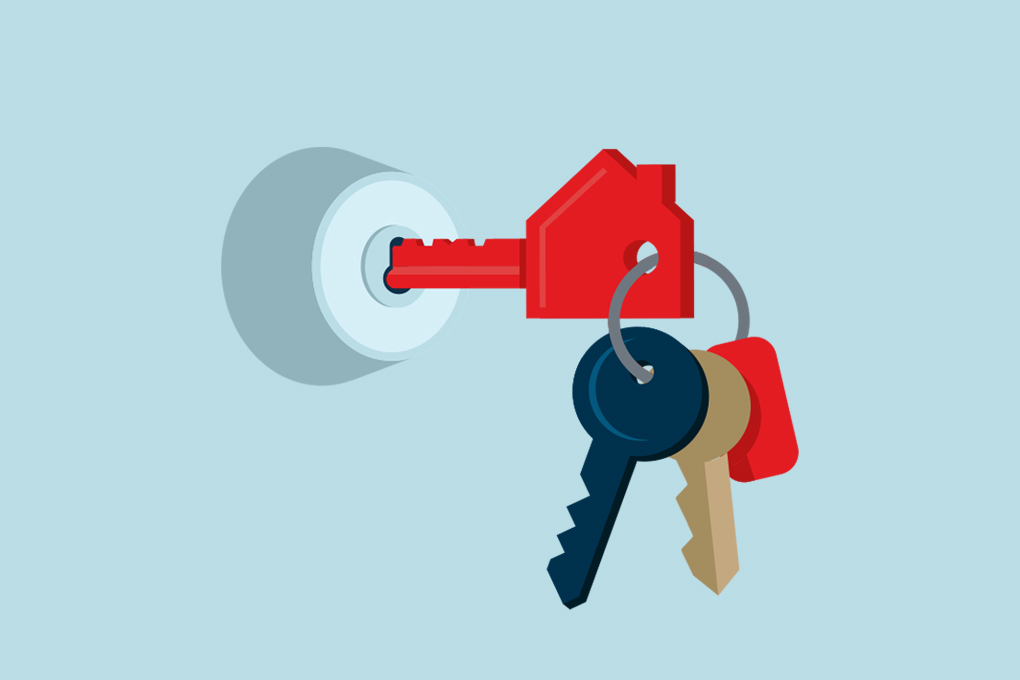 Les clés dans la serrure de votre porte à la suite de l’achat de votre première propriété.