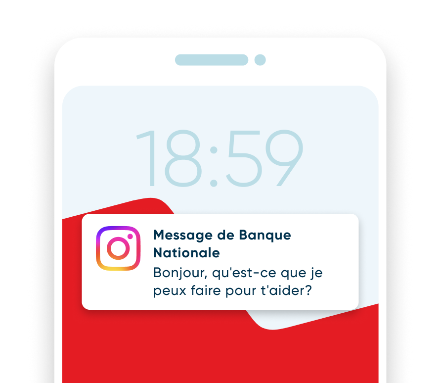 Dessin d’un écran de cellulaire affichant une notification de message Instagram de la Banque Nationale 